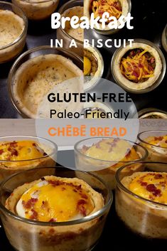 there are several different types of baked food in glass dishes on the table with text overlay that says gluten - free pale - friendly chees bread