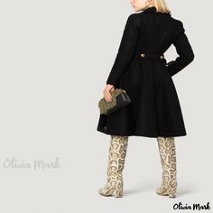 Olivia Mark - Chic Collar Double-Breasted Fitted Dress Coat with Sweet Flared Hem Chic Knee-length Outerwear With Button Closure, Chic Knee-length Outerwear For Daywear, Fitted Knee-length Outerwear For Daywear, Slim Fit Coat, Doll Collar, Black Camel, Woolen Coat, Skirt Design, Lapel Collar