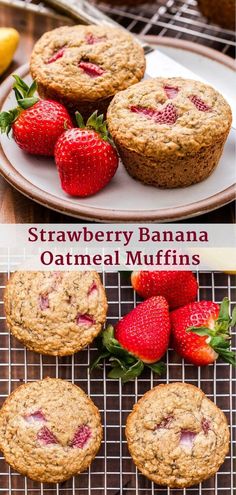 strawberry banana oatmeal muffins on a cooling rack with strawberries