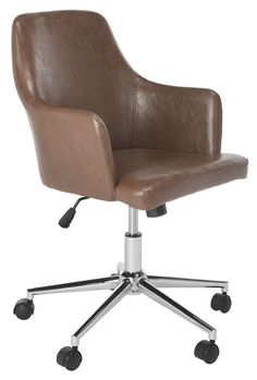 a brown leather office chair with wheels and casteors