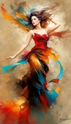 a painting of a woman wearing a colorful dress with her hair blowing in the wind