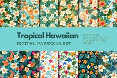 tropical hawaiian digital papers with flowers and leaves