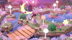 an animal crossing game with lots of trees and flowers on the ground, in front of a purple sky