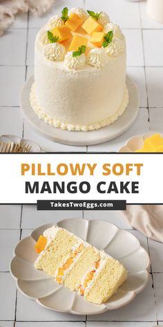 there is a white cake with mango on the top and another piece has been cut into pieces