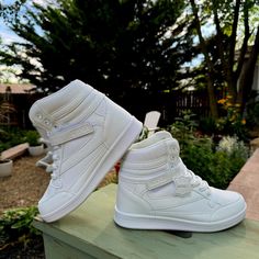 Ubfen Womens High Top Ankle Support Sneakers Hidden Wedge Heel Retro 80s 7.5 In Us, 38.5 European White Wedge Sneakers For Streetwear, Trendy White Ankle-high Wedge Sneakers, White Ankle-high Wedge Sneakers, White Ankle-high Wedge Sneakers For Spring, Ankle Support, White Sneakers, Sneakers White, Wedge Heels, Womens Shoes Sneakers