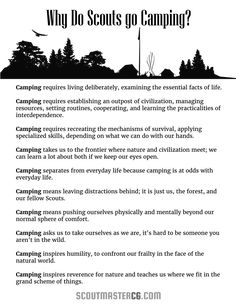 a poster with the words why do scouts go camping? and an image of trees in the background