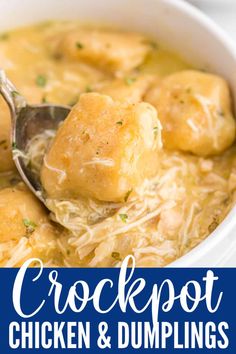 crockpot chicken and dumplings in a white bowl with a spoon