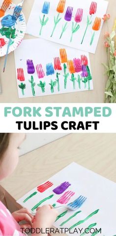 kids are painting flowers on paper plates with colored crayons and the words fork stamped tulips craft