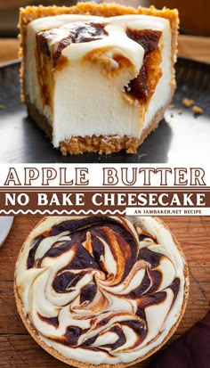 One image shows a slice of apple butter cheesecake from the front on a tin plate, the slice has the end of it cut off. The second image shows the top of the whole cheesecake on a wooden countertop. Apple Butter Cheesecake, Cheesecake Pie, Slow Cooker Desserts, Fall Dessert Recipes, No Bake Cheesecake, Creamy Cheesecake, Baking Sweets, Graham Cracker Crust, Apple Butter