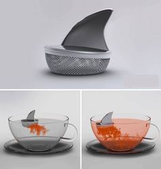 an image of two bowls with orange liquid in them and one has a shark fin sticking out of it