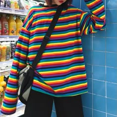 Harajuku Rainbow Striped Long Sleeve T-shirt on Storenvy Rainbow Shirt Aesthetic, Lgbtq Clothing Aesthetic, Rainbow Long Sleeve Shirt, Rainbow T-shirt, Black And Rainbow Outfit, Multicolor Tops For Streetwear And Pride, Multicolor Tops For Pride Streetwear, Multicolor Tops For Streetwear During Pride, Striped Long Sleeve T-shirt For Streetwear