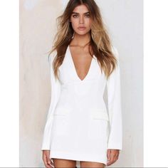 Abbey Road Dress Nasty Gal Blazer Dress Brand New With Tags Size S White V-neck Dress For Spring Night Out, White V-neck Dress For Night Out In Spring, White Mini Length V-neck Dress For Date Night, White Mini V-neck Dress For Date Night, Chic White Mini V-neck Dress, Formal White Mini V-neck Dress, White Mini V-neck Dress For Formal Occasions, Chic White V-neck Dress For Date Night, Chic White Fitted V-neck Dress