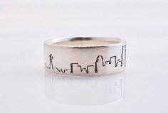 Seattle Cityscape Ring, 8mm Band, Handcrafted in Recycled Silver, Silver-Palladium, Palladium, Gold, Mountain Rings, Cityscape Rings, Skyline Ring, The Cascades, The Emerald City, Alternative Wedding Bands, Silver Mountain, Mountain Ring, Hand Piercing