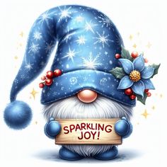 a cartoon christmas gnome holding a sign that says sparkling joy with snowflakes on it