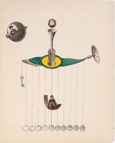 an old drawing of various objects hanging from hooks and strings, including a man sitting on a boat