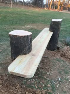 two logs sitting on the ground next to each other in front of a grassy field