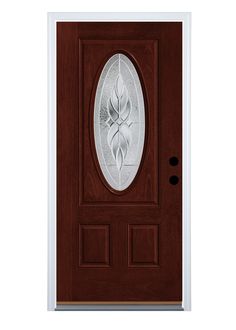 Engineered to last longer, Therma-Tru fiberglass doors resist dents, rust and rot. Fiber-Classic Mahogany complements the rich wood tones in home interiors, extending the classic look to the outside with beauty and elegance. Varissa glass with zinc caming features triple-pane construction and tempered glass; Lowe's Exclusive. Featuring our Mahogany stain, backed by a 5-year limited finish warranty; Lowe's Exclusive. Composite door frame helps protect your door from moisture and rot. Ball-bearing Single Front Door, Craftsman Door, Therma Tru, Stained Doors, Victorian Door, Mahogany Stain, Exterior Front Doors, Fiberglass Door, Glass Insulators