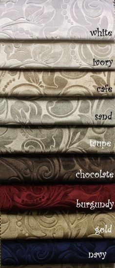 four different colors of fabric with the words white ivory cat sand tare chocolate burgundy gold grey