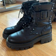 Gorgeous Black Leather Combat Boots With Studs Black Leather Combat Boots, Ash Shoes, Leather Combat Boots, Moto Boots, Shoes Black, Combat Boots, Ash, Black Leather, Women Shoes