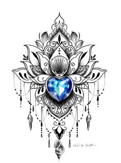 a drawing of a blue heart surrounded by feathers and jewels on a white paper background