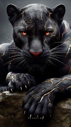 a black panther with red eyes laying on top of a tree branch in the rain