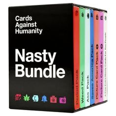 The Nasty Bundle is an abominable collection of the spiciest expansion packs we've ever written. It contains cards previously released in the Period Pack, Weed Pack, Ass Pack, Saves America Pack, and Picture Card Packs, plus a handful of brand-new cards we wrote just for you sickos. Shuffle these into your regular set of Cards Against Humanity and make everyone uncomfortable at game night. Color: Black. Cards Against Humanity Packs, Period Pack, Cards Against Humanity Game, Mouth Game, White Elephant Gifts Exchange, Typing Games, Hobby Games, Poker Cards, Drinking Games