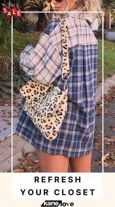 a woman wearing a plaid dress and leopard print purse with the words refresh your closet