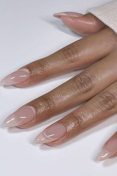 Med Almond Acrylic Nails, Natural Almond Nails Black Women, Ombre Nude Nails Almond Shape, Nude Nails Black Women Almond, Nude French Tip Almond Nails, Almond Nails Tan Skin, Nude Oval Acrylic Nails, Double French Almond Nails, Milky Nude Nails Almond