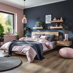 a bedroom with blue walls and pink bedding