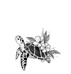 a drawing of a turtle with flowers on its back