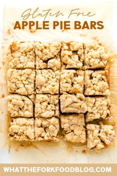 apple pie bars cut into squares on top of parchment paper with text overlay that reads gluten free apple pie bars