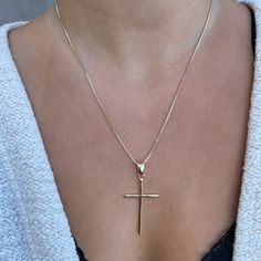 Stunning large cross pendant hangs from 20 inches box chain. Gold Cross Pendant Necklace With Box Chain, Gold Cross Necklace With Box Chain, Elegant Cross Necklace With Box Chain For Gift, Sterling Silver Cross Necklace With Box Chain, Crucifix Box Chain Necklace As Gift, Crucifix Cross Necklace With Box Chain As Gift, Box Chain Crucifix Necklace For Gift, Crucifix Necklace With Box Chain For Gift, Elegant Cross Necklace With Box Chain