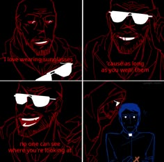 four different pictures with the same person wearing sunglasses, one in blue and one in red