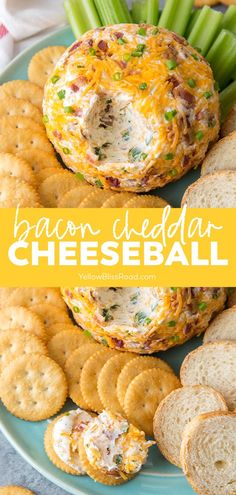 bacon cheeseball on a plate with crackers and celery