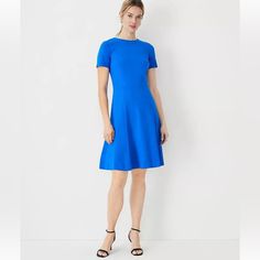 One Of Our Most Flattering Silhouettes, This Fit-To-Flare Dress Features Smart Seaming - And Just The Right Amount Of Swing. Crew Neck. Short Sleeves. Hidden Back Zipper With Hook-And-Eye Closure. Lined Bodice. Length 21" From Natural Waist Fabric & Care Shell: 69% Rayon, 27% Nylon, 4% Spandex Machine Washable Imported Hit Hits Above The Knee Style # 834612 Brand New Without Tags, $150 Msrp Flattering Maxi Dress, Classic Black Dress, Olive Green Dresses, Lapis Blue, Striped Sleeveless Dress, Linen Midi Dress, Ann Taylor Dresses, Colorblock Dress, Black Wrap Dress