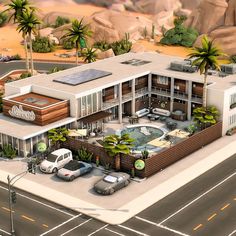 an artist's rendering of a building with cars parked in the parking lot and palm trees