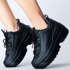 Lily 5005 Next Level Black Platform Sneakers -Vegan Leather Upper -Super Lightweight -Lace Up Closure -Chunky Platform Outsole -True To Size -Black Black Platform Sneakers, Black Pointed Toe Flats, Arch Support Sandals, Cream Heels, Classic Slippers, Womens Riding Boots, Square Toe Heels, Tan Heels, Black Leather Heels