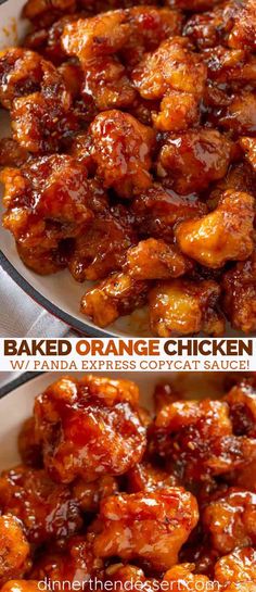 two pictures of baked orange chicken with sauce in the bottom and on the top side