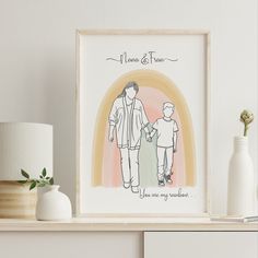 a drawing of a man and woman holding hands on a shelf next to a vase