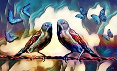 two colorful birds sitting on a wire with butterflies flying around the scene in the background