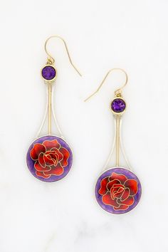 These unique cloisonné earrings are hand fabricated with enamel, fine silver, sterling silver, 14, 18, 22, and 24k gold, and 6 mm round faceted amethysts. The earrings feature 14k gold ear wires. Elegant Pierced Enamel Jewelry, Elegant Drop Earrings With Inlay, Elegant Inlay Earrings As Gift, Elegant Earrings With Inlay For Gifts, Elegant Enamel Jewelry With Inlay, Elegant Enamel Inlay Jewelry, Pierced Enamel Drop Earrings, Enamel Inlay Jewelry For Anniversary, Enamel Drop Earrings For Anniversary