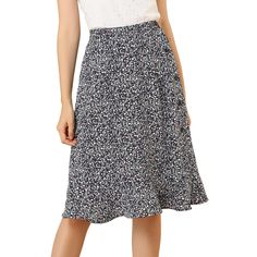 Through the summer seasons in this effortlessly chic flowy skirt. In a midi silhouette that wraps around, this skirt exudes the spring-summer feel we can't wait for. Sitting high on the waist, the light and breezy fabric trimmed with ruffles fall to a split skirt for impact and movement as you walk. Cut in a relaxed, flared shape, this skirt is designed with button closure at side flattering for showing your looming legs. Adding a beautiful floral flourish for feminine appeal, this style is a fu Flowy Lined Wrap Skirt For Brunch, Flowy Midi Wrap Skirt For Brunch, Chic Knee-length Spring Wrap Skirt, Summer Ruffled Midi Wrap Skirt, Knee-length Pleated Wrap Skirt For Spring, Flowy Knee-length Wrap Skirt For Spring, Summer Midi Wrap Skirt With Ruffles, Spring Flowy Ruffled Wrap Skirt, Spring Knee-length Wrap Skirt