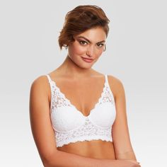 Maidenform Women's Casual Comfort Bralette, DM1188, has foam-lined cups to provide shaping and support, along with a 4 column hook and eye closure in the back. Straps are convertible to be worn, halter, crisscorss or traditional. Sexy meets comfort in this beautiful convertible lace bralette. So pretty with it's scalloped lace fabric! Don't hesitate to layer it and let it show! Wedding Bra, Strapless Backless Bra, White Lace Bralette, Pretty Bras, Fashion Forms, Backless Bra, White Bralette, Convertible Bra, Halter Bralette