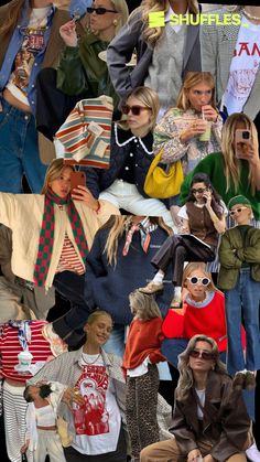 the collage shows many different people wearing hats and sweaters, with one woman taking a selfie