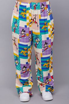 From the ME. | Disney Mickey and Friends Collection. The Baller Leisure Pant brings back one of our all time favorite silhouettes, the easy breezy staycation pant. It features an all over print inspired by the 80's Disney bedsheets of our childhood dreams. Check out the whole crew ballin'. 🏀⚾️🎾Each print is unique and placement may differ from what you see pictured. Disney Cotton Pants For Loungewear, Casual Mickey Mouse Bottoms For Loungewear, Disney Cotton Loungewear Pants, Disney Pj Pants Women, Candle Pins, Disney Cotton Sleepwear With Character Print, Easy Breezy, Rayon Pants, Mickey And Friends