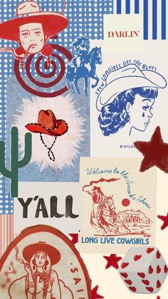 an image of various stickers on the back of a shirt that says y'all long live cowgirls