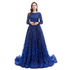 Modest Royal Blue Sequins Ball Gown Formal Dress EN4606 Prom Dresses Glitter, Dresses Glitter, Modest Prom Dresses, Feather Prom Dress, Prom Dress With Train, Lace Wedding Dress With Sleeves, Modest Prom, Prom Dresses With Pockets, Floor Length Prom Dresses