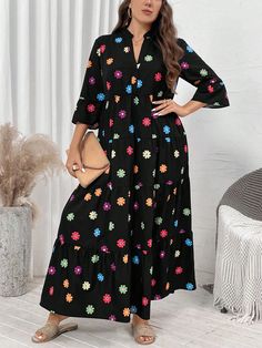 Plus Size Women Black Floral Print Loose Long Dress Black Homecoming Dress Fall Clothes Clothes Elegant Women Dresses Business Casual Woman Work Dress Business DressHoliday Outfits Black Casual  Three Quarter Length Sleeve Woven Fabric Floral,Geometric,Polka Dot,Plants,All Over Print Smock Non-Stretch  Women Plus Clothing, size features are:Bust: ,Length: ,Sleeve Length: Dresses Business Casual, Elegant Tank Tops, Black Homecoming Dress, Work Dresses For Women, Womens Business Casual, Elegant Dresses For Women, Business Dresses, Elegant Woman, Fall Dresses