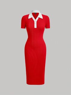 Contrast Collar Button Front Bodycon Dress Red Elegant  Short Sleeve Knitted Fabric Colorblock Bodycon Slight Stretch  Women Clothing, size features are:Bust: ,Length: ,Sleeve Length: Red Bodycon Dress, Contrast Collar, Women Midi, Colorblock Dress, Kids Beachwear, Womens Midi Dresses, Midi Dresses, Dress P, Women Clothing