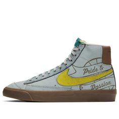 The Nike Ben SImmons x Blazer Mid '77 'Pregame Pack - Motivation' is a special edition shoe that is perfect for the big game. This mid-top shoe features a grey cracked suede upper, with a yellow Swoosh and inspirational phrases on each lateral side. The left shoe says 'Pride & Passion', while the right shoe says 'Heart in the Game'. On the brown leather heel tabs, you'll find the words 'Dedication' and 'Motivation'. This shoe is perfect for athletes who are looking for an extra boost of inspiration before the big game. (SNKR) Nike Retro Custom Sneakers With Branded Insole, Nike Retro Custom Sneakers, Vintage Nike High-top Sneakers With Speckled Midsole, Vintage Nike Leather Skate Shoes, Nike Vintage High-top Sneakers With Gum Sole, Nike Vintage Leather Custom Sneakers, Vintage Nike Leather Custom Sneakers, Vintage Leather Nike High-top Sneakers, Retro Leather Custom Sneakers For Skateboarding